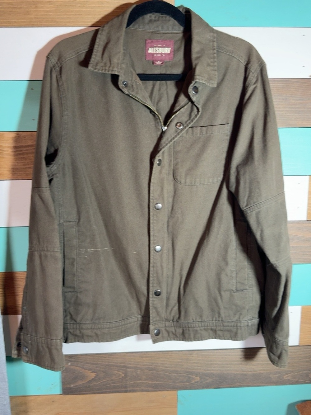 Alesbury Men’s S Olive Canvas Chore Jacket Utility Workwear Zip Snap